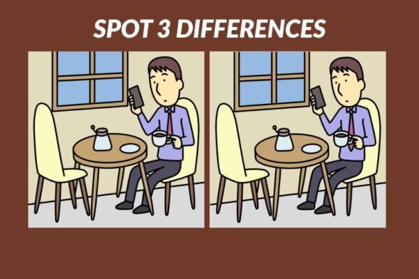 Find 3 differences between the pictures of a man drinking coffee in 21 seconds!